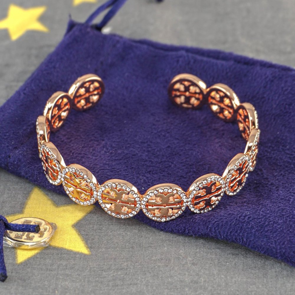 Tory Burch Miller Pave Repeating Logo Crystal Cuff Bracelet Bangle in Rose Gold
